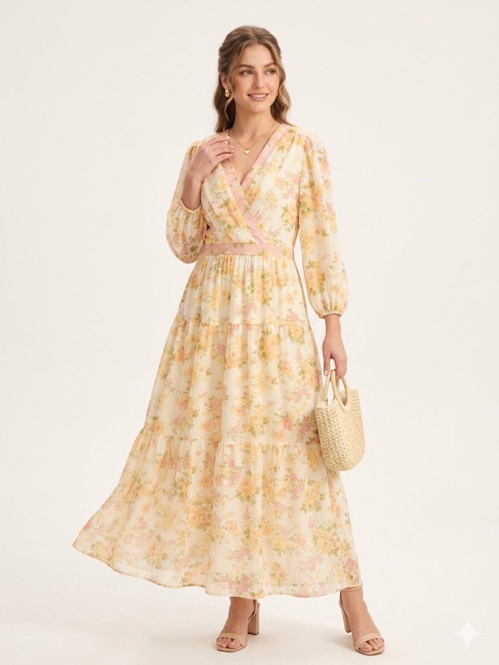 Taylor Pastel Yellow Floral Chiffon Maxi Dress Sz 12 V-Neck Tiered 3/4 Sleeve